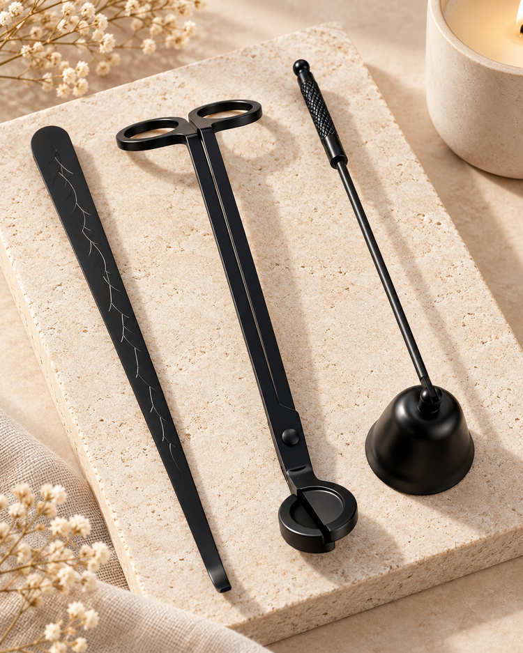 Three black candle-making tools arranged on a beige stone slab: a long scalloped spatula, a pair of large loop tongs, and a long-handled bell tool, styled with dried flowers and a lit candle in the background.