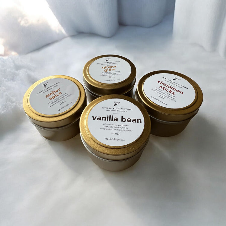 winter collection - 4oz gold tins - soy candles