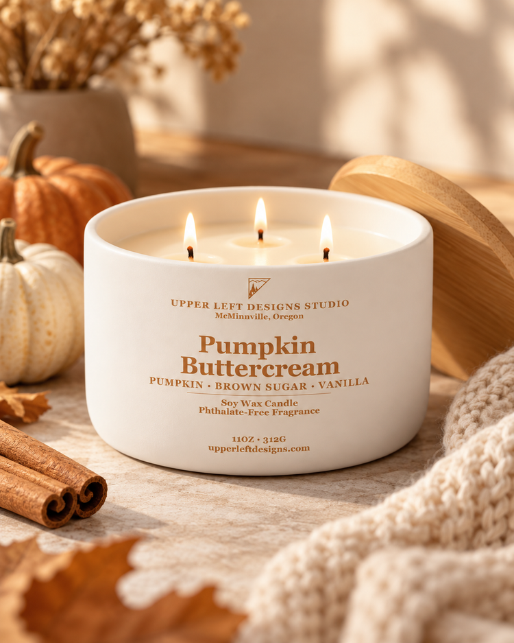 A white soy wax candle jar labeled 'Pumpkin Buttercream' by Upper Left Designs Studio, styled with autumn props including cinnamon sticks, a small pumpkin, dried leaves, and a cream knit blanket on a warm neutral surface.