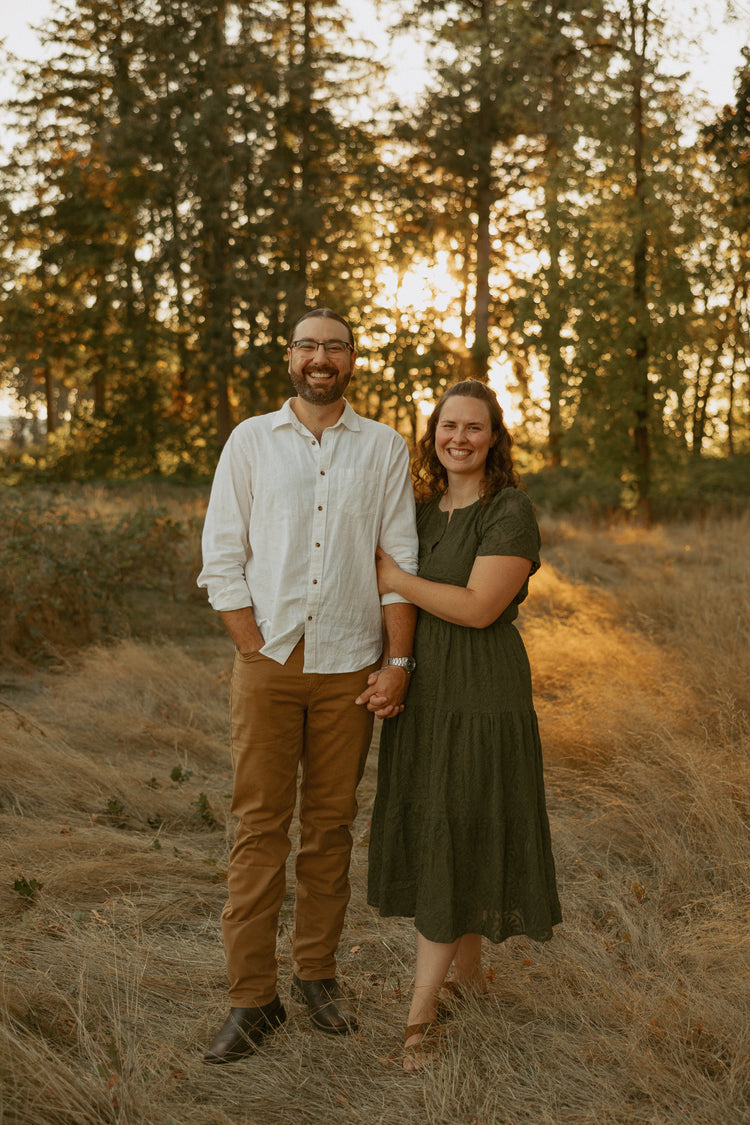 Teal and Harris Reibach in an Oregon field at golden hour